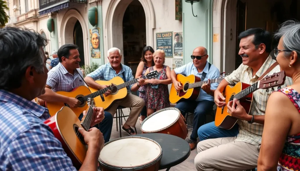 Local Cuban musicians performing traditional music for tourists at an outdoor cafe in Havana