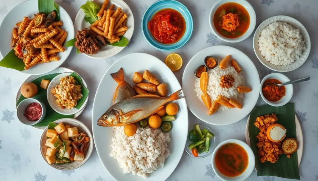 Local East Javanese cuisine with seafood dishes typical of the coastal region near Baluran