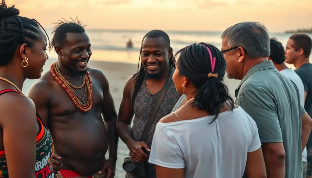 Local Garifuna villagers interacting with tourists in Hopkins Village