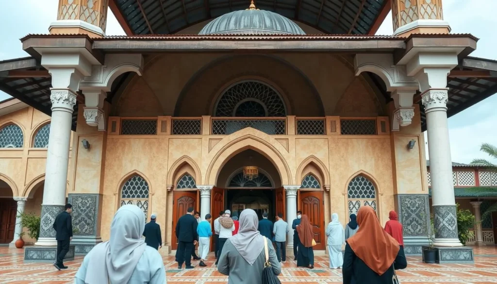 Local Indonesian mosque in Bekasi with worshippers during prayer time