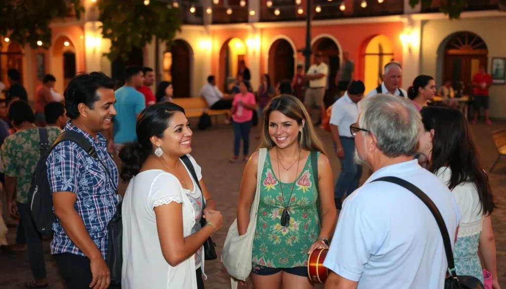 Local Jiguani residents and tourists interacting in the town square during an evening gathering