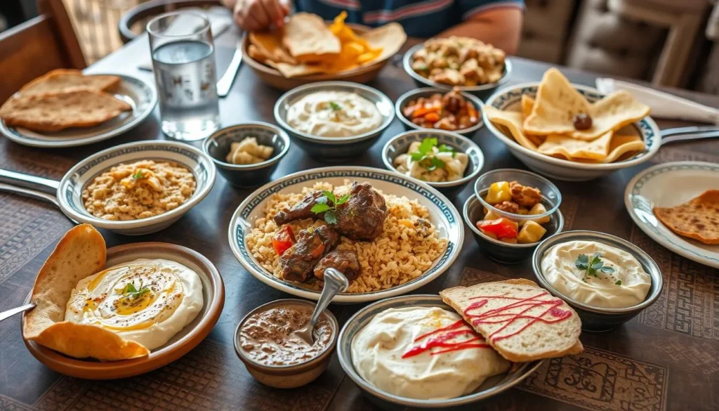 Local Jordanian food being served at a restaurant near Jerash with traditional dishes