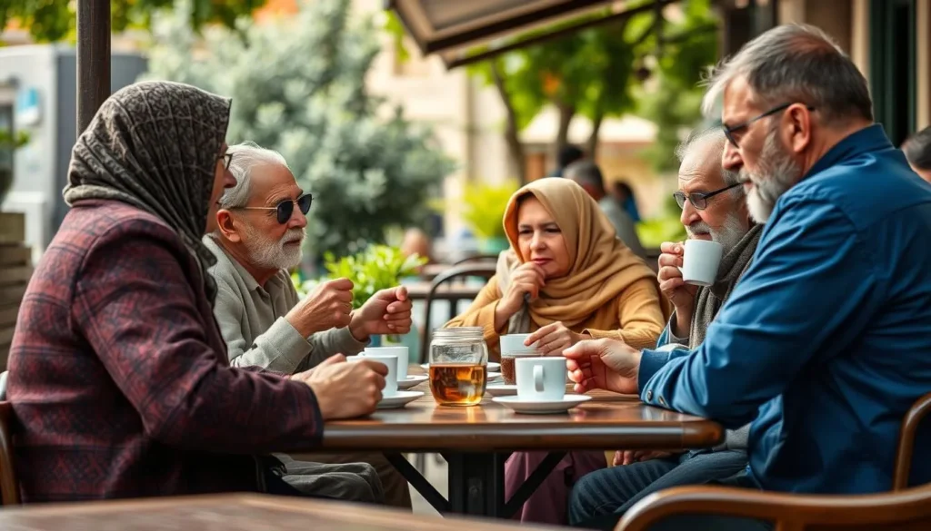 Local Kobayat residents enjoying traditional coffee at an outdoor cafe