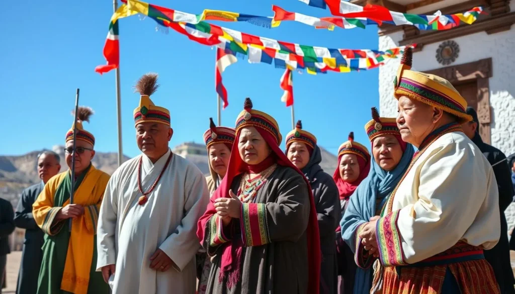 Local Ladakhi people in traditional dress participating in a cultural ceremony with prayer flags and monastery in background