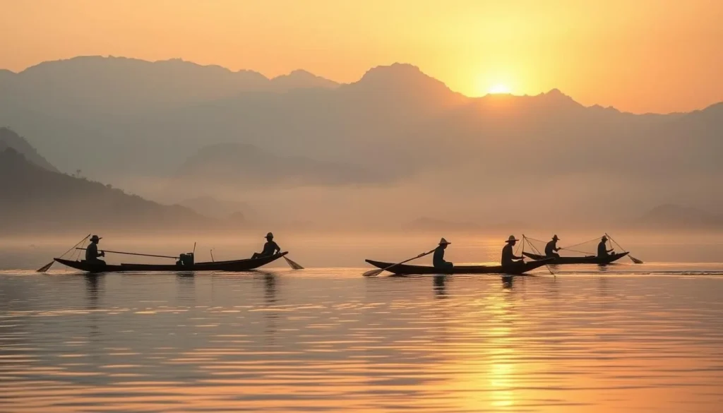 Local Laotian fishermen using traditional methods on Nam Song Reservoir