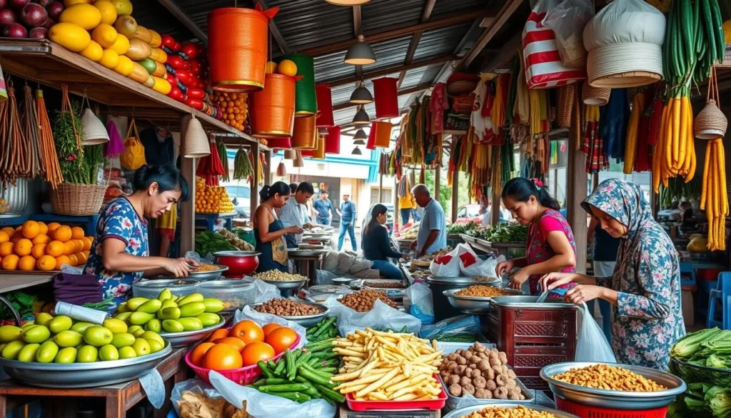 Local Laotian food market in Thakhek with fresh produce and street food vendors