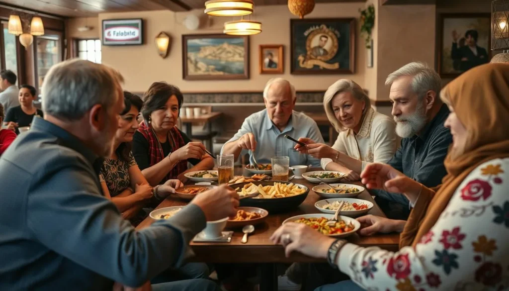Local Lebanese family enjoying traditional meal in Sidon restaurant