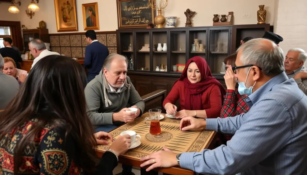 Local Lebanese people and tourists interacting in a Tripoli cafe
