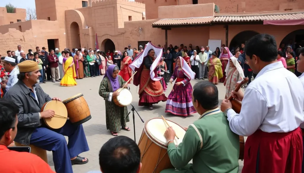 Local Moroccan festival in Taourirt with traditional music, dancing, and colorful costumes