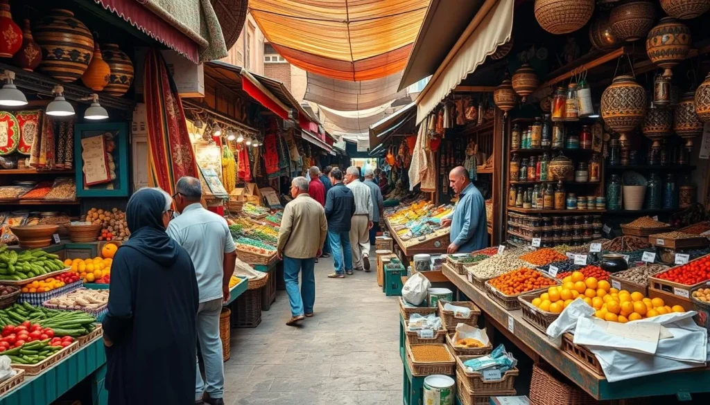 Local Moroccan market in Bouznika with vendors and shoppers