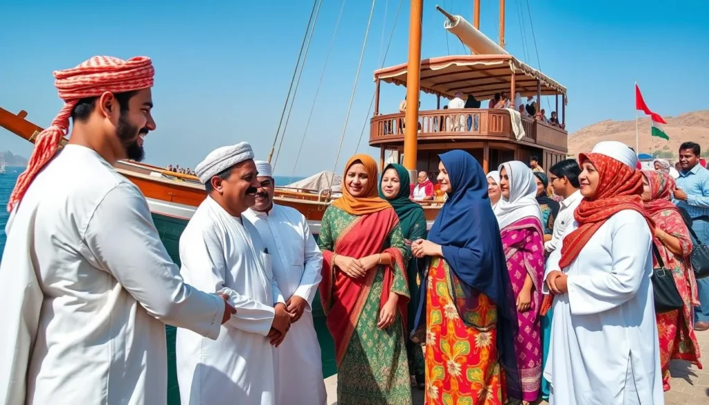 Local Omani people in traditional dress welcoming visitors