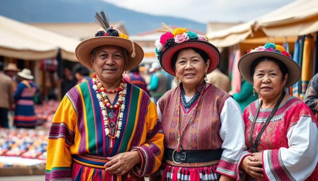 Local Otavalo people in traditional dress at a market near Ibarra