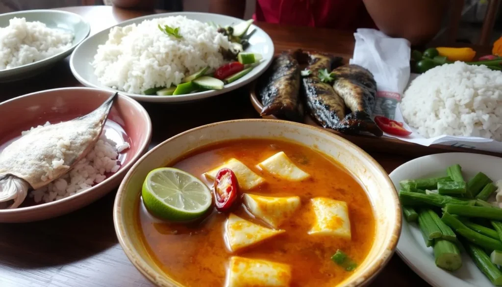 Local Palu cuisine featuring Kaledo (bone marrow soup) and other traditional dishes