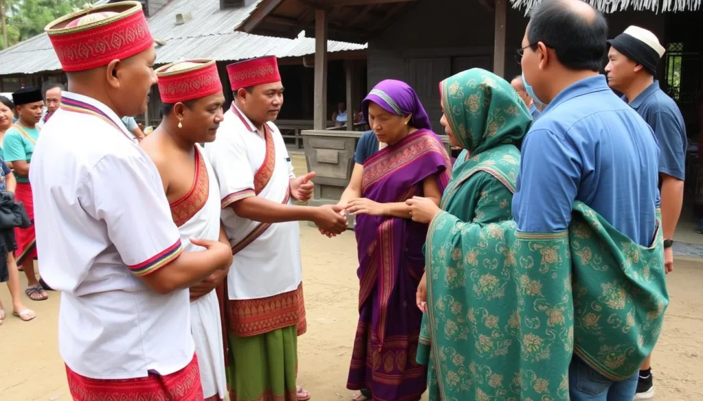 Local Papuan people in traditional dress greeting visitors at a cultural ceremony