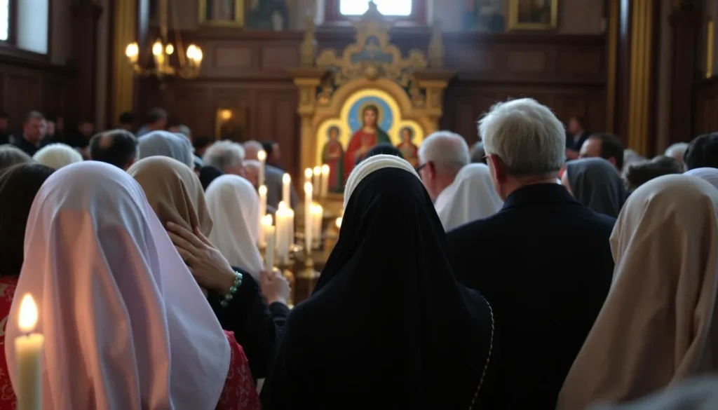 Local Russian Orthodox church ceremony with visitors observing respectfully