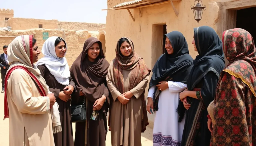 Local Socotri people in traditional dress interacting with respectful tourists