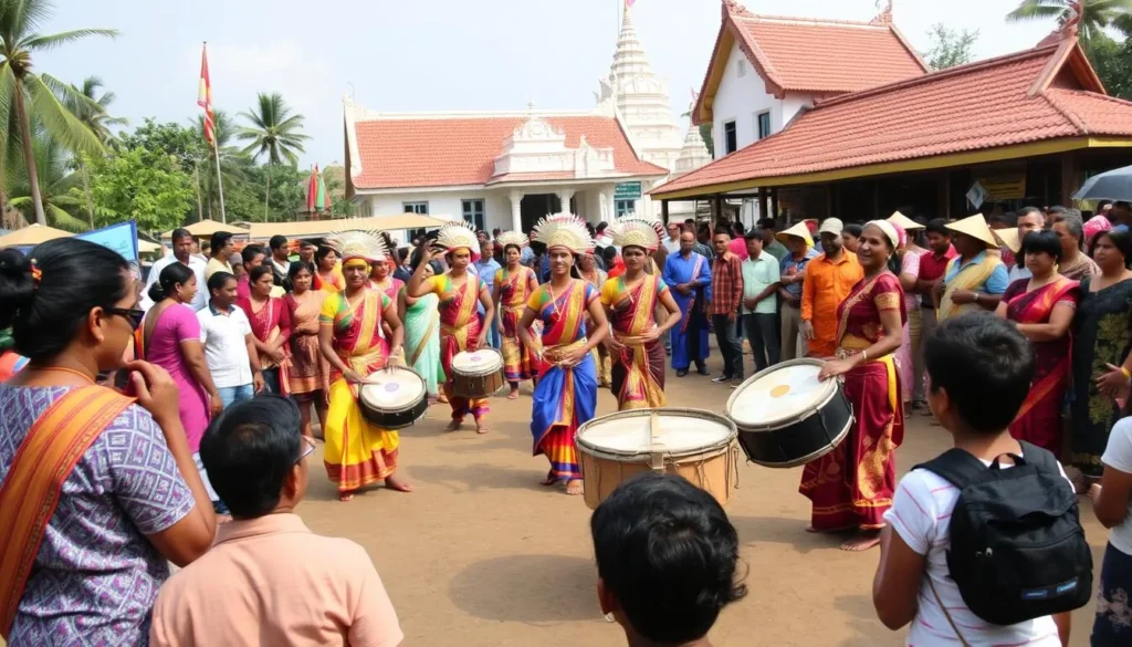 Local Sri Lankan cultural festival with traditional dancers in colorful costumes
