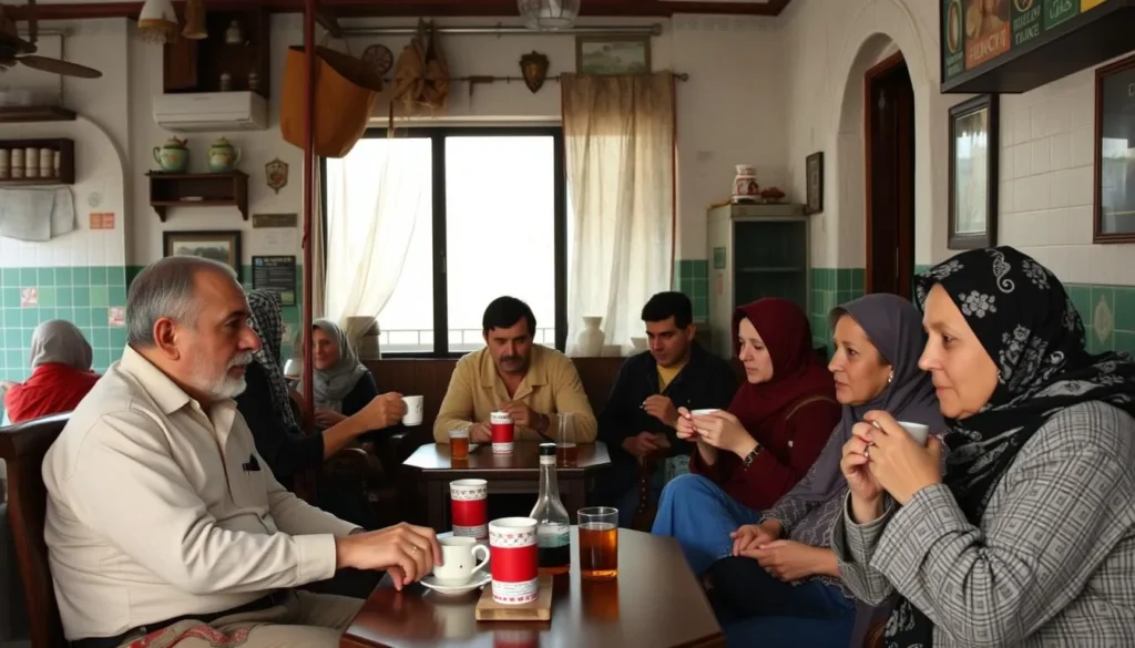 Local Syrian people enjoying a traditional coffee shop in Latakia, showing cultural interactions