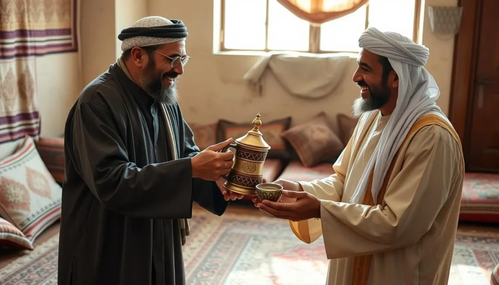 Local Yemeni man in traditional clothing greeting visitors with traditional coffee