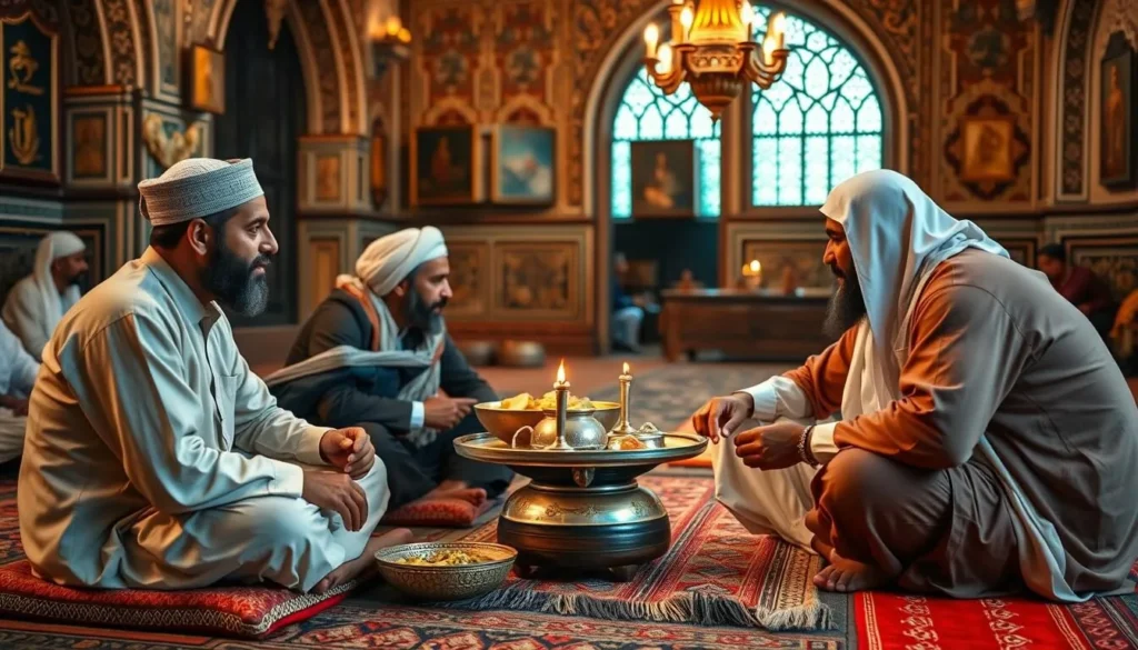 Local Yemeni men in traditional clothing sharing a meal and conversation