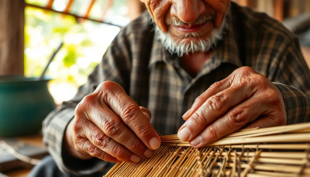 Local artisan demonstrating traditional handicraft techniques in a village near Xe Pian