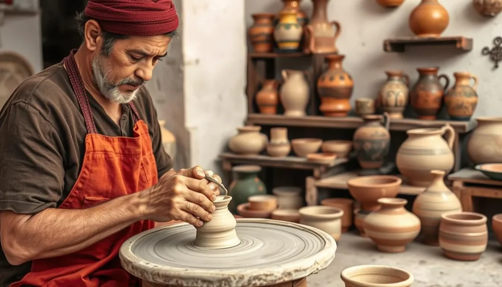 Local artisan demonstrating traditional pottery techniques in a workshop near Sidi Slimane