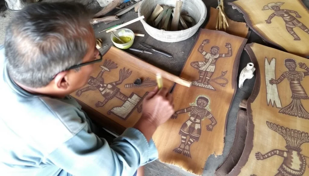 Local artist creating traditional bark painting (maro) using natural pigments