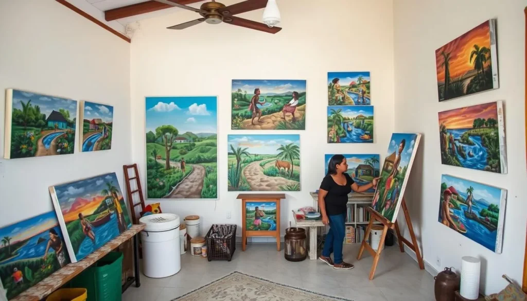 Local artist studio in Las Terrazas showing colorful paintings and the artist at work Local artist studio in Las Terrazas showing colorful paintings and the artist at work