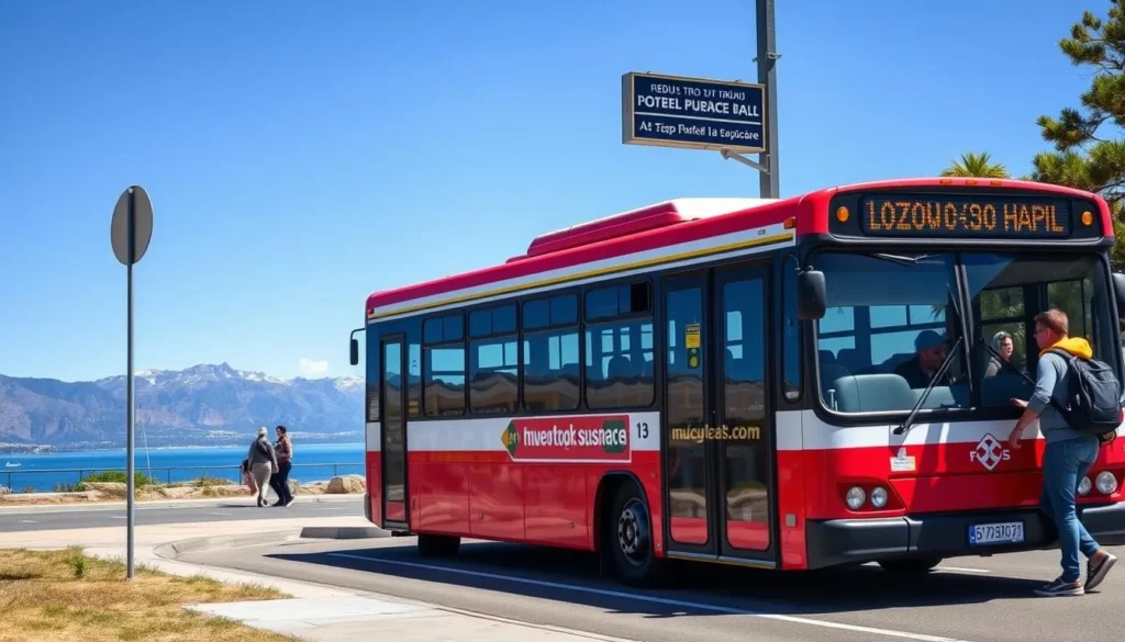 Local bus in Bariloche with mountains in background