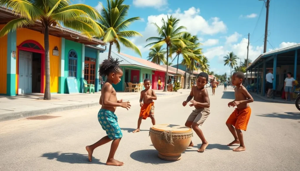 Local children playing traditional games on Funafuti's main street with colorful buildings in the background