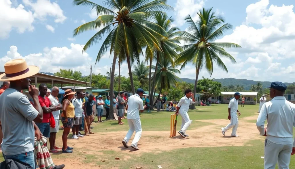 Local cricket match in Antigua with players and spectators