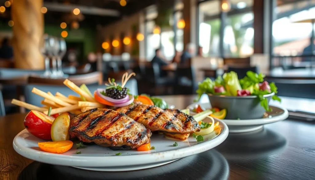 Local cuisine at a restaurant in Emerald Town featuring fresh regional produce Local cuisine at a restaurant in Emerald Town featuring fresh regional produce