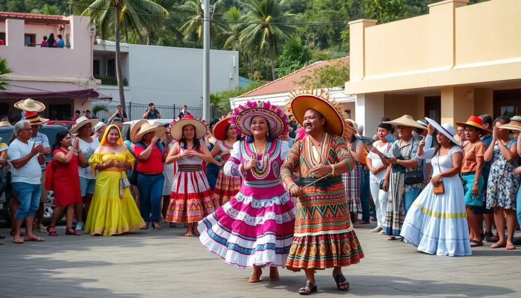 Local cultural celebration in Huatulco with traditional dancers in colorful costumes