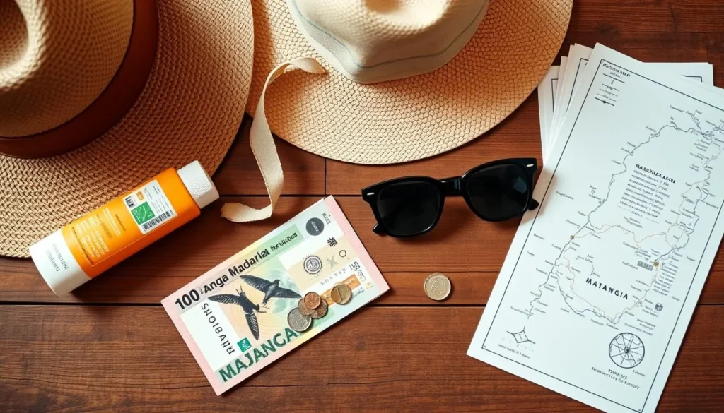Local currency (Ariary) and travel essentials for a trip to Mahajanga