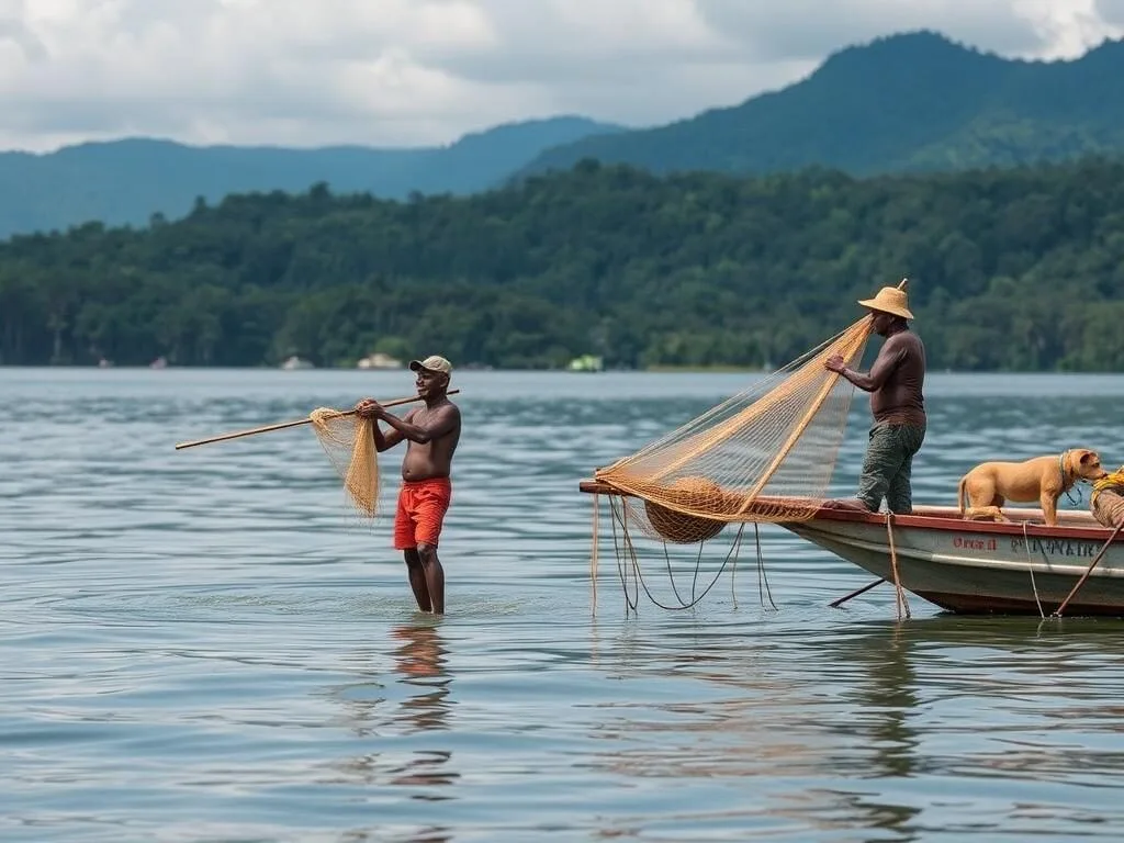 Local fisherman demonstrating traditional fishing techniques on Lake Paniai
