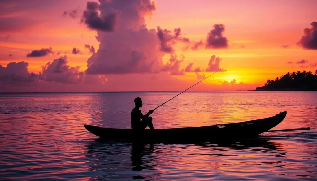 Local fisherman in traditional outrigger canoe fishing in the Funafuti lagoon at sunset
