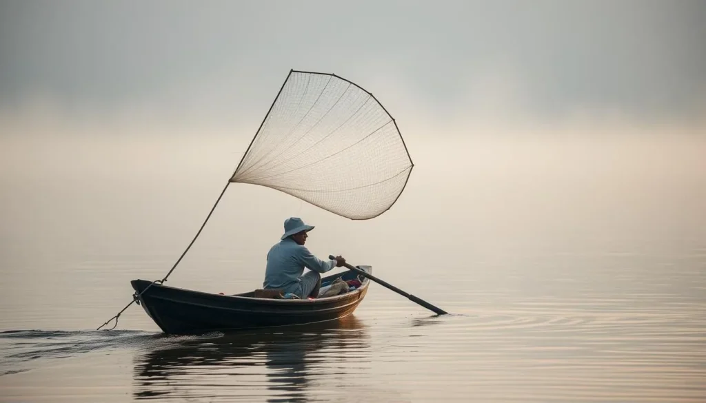 Local fisherman using traditional fishing methods on the Mekong River in Si Phan Don, Laos
