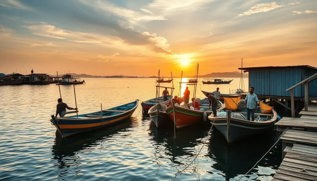 Local fishermen preparing traditional boats in Karimunjawa village harbor at sunrise