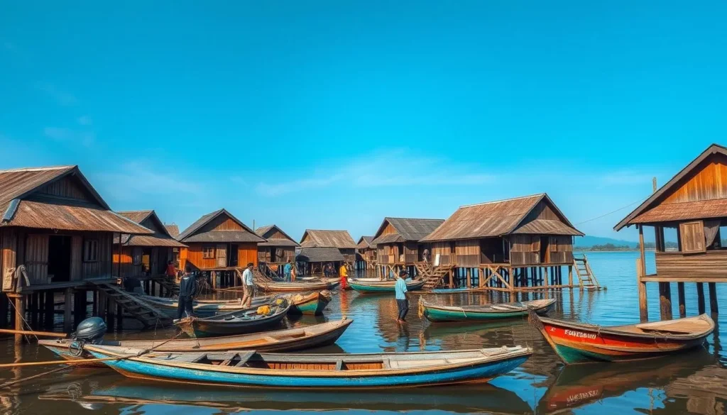 Local fishing village near Berbak National Park with traditional wooden houses on stilts