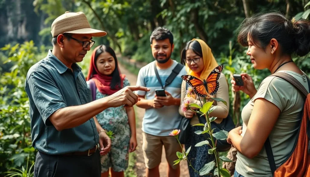 Local guide explaining butterfly species to tourists at Bantimurung-Bulusaraung National Park