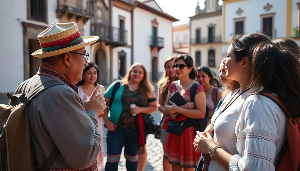 Local guide explaining cultural traditions to tourists in Valledupar's historic center
