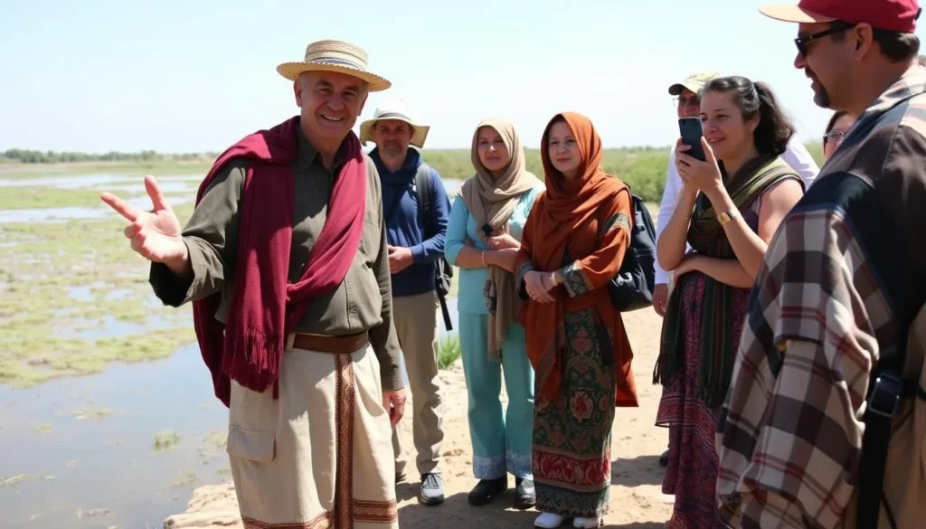 Local guide explaining customs to tourists at Merdja Zerka National Park
