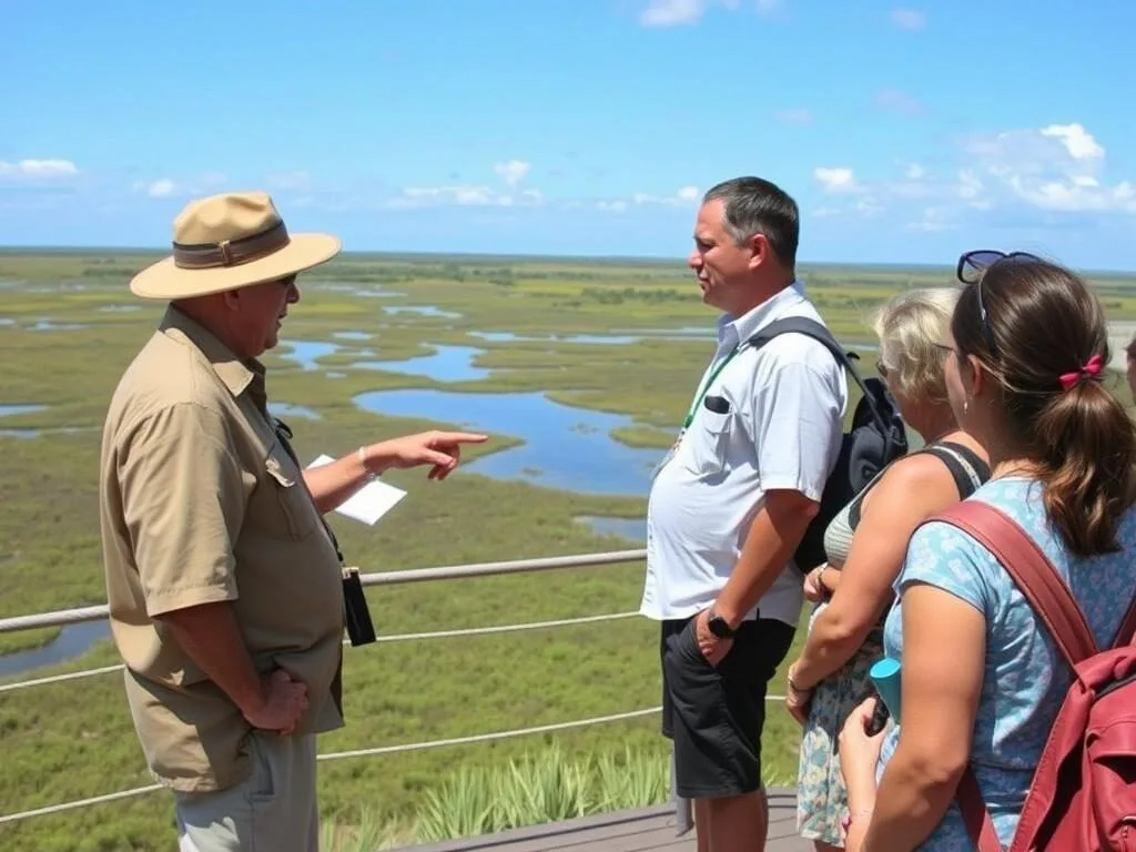 Local guide explaining features of Rawa Aopa Watumohai National Park to visitors