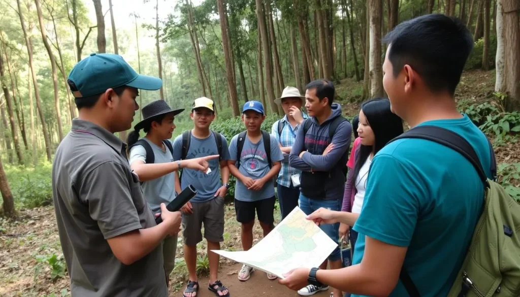 Local guide explaining forest safety to tourists in Dong Hua Sao