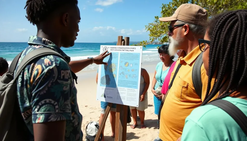 Local guide explaining marine conservation efforts to tourists at Nosy Ve-Androka National Park