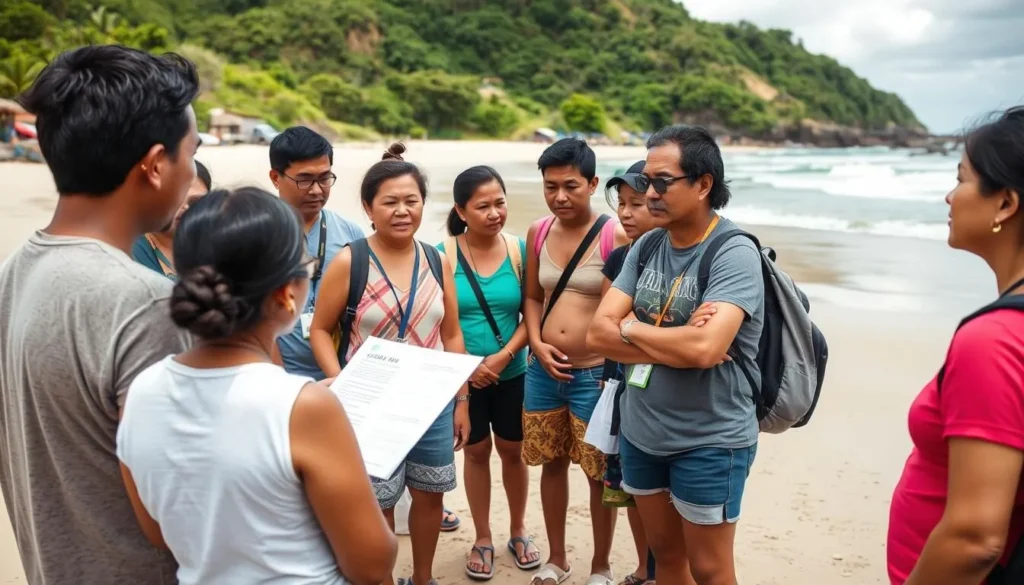 Local guide explaining safety precautions to tourists Local guide explaining safety precautions to tourists