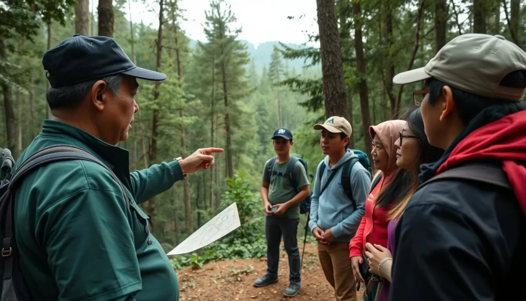 Local guide explaining safety precautions to tourists before a trek in the Annamite Range
