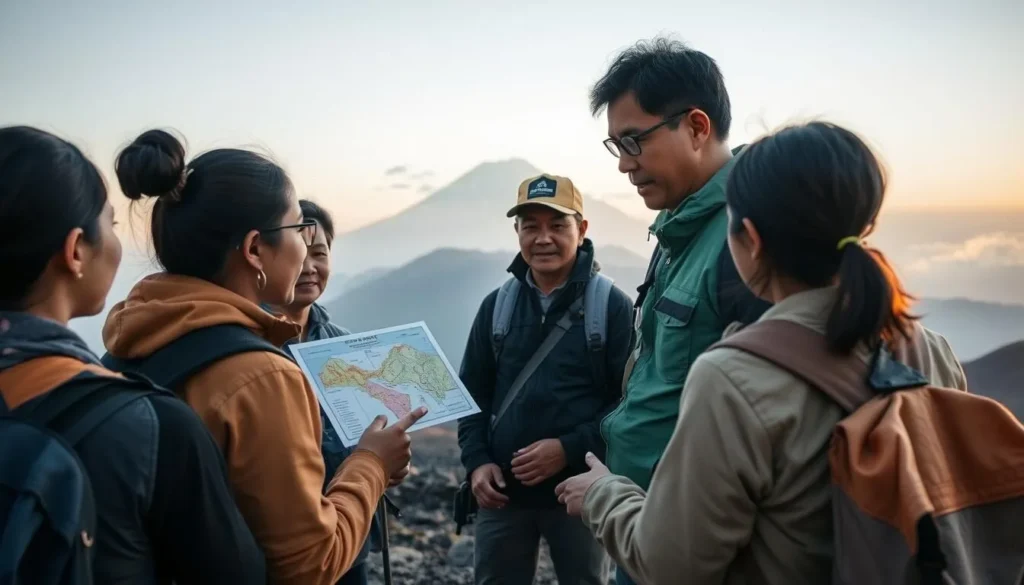 Local guide explaining safety procedures to tourists before a Mount Merapi trek