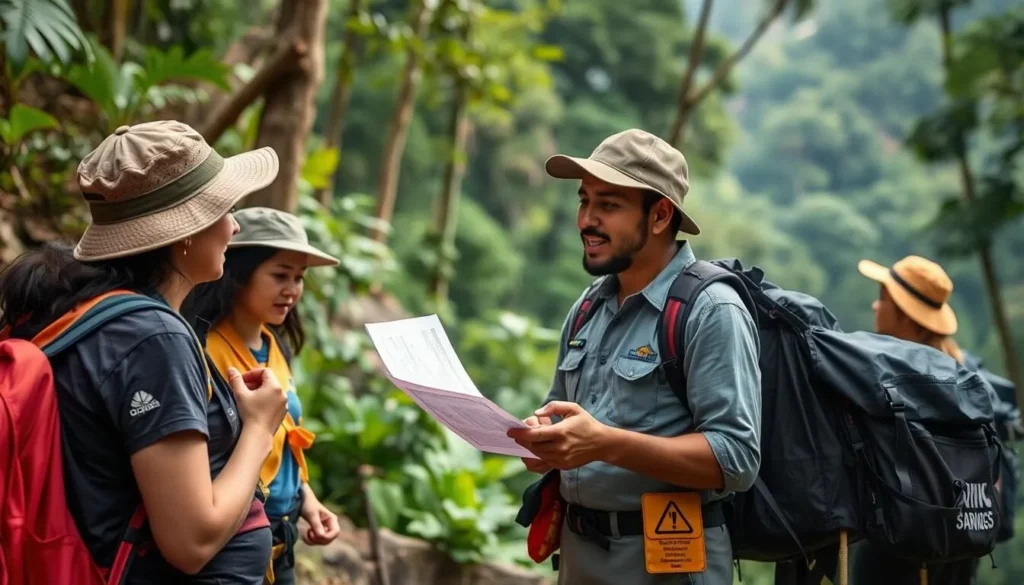 Local guide explaining safety protocols to tourists before a trek in Mount Leuser National Park Local guide explaining safety protocols to tourists before a trek in Mount Leuser National Park