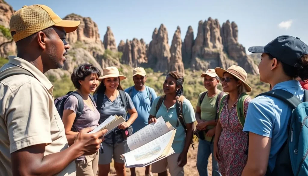Local guide explaining the geology and wildlife of Tsingy de Namoroka to tourists